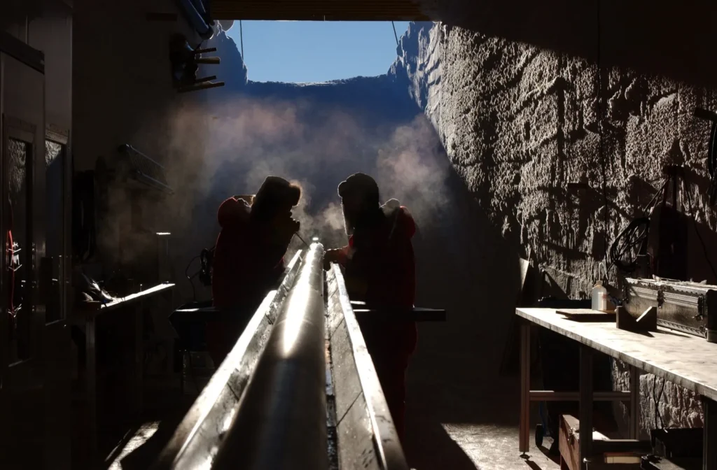An ice-core drill used by scientists to extract dated samples of ancient climate