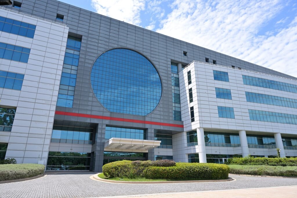 The front of a large semiconductor fabrication plant