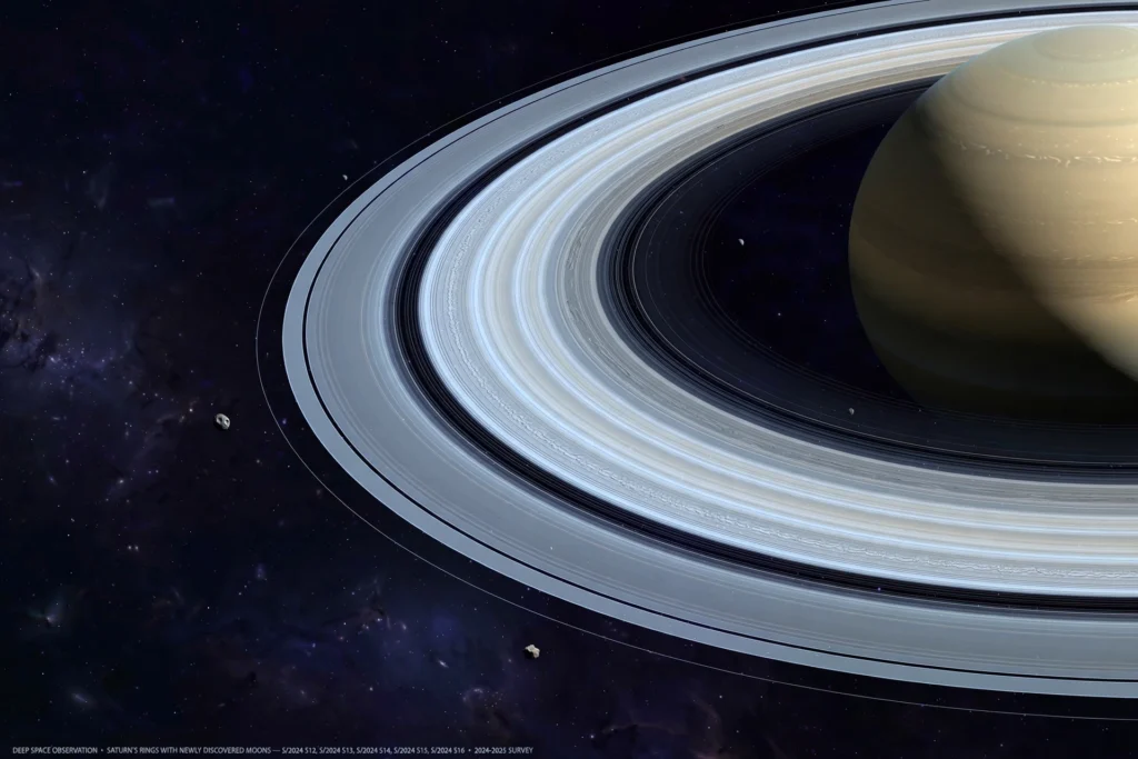 Saturn’s 274 Moons: The Largest Moon Family in the Solar System Saturn's rings with faint newly discovered moons in deep space