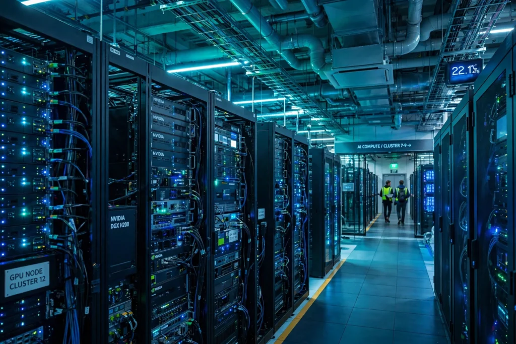 AI Data Centers Are Getting So Expensive the Math No Longer Adds Up AI data center with rows of glowing server racks