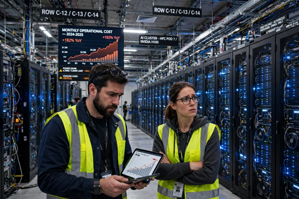 A vast AI data center filled with rows of illuminated server racks and engineers reviewing its scale.