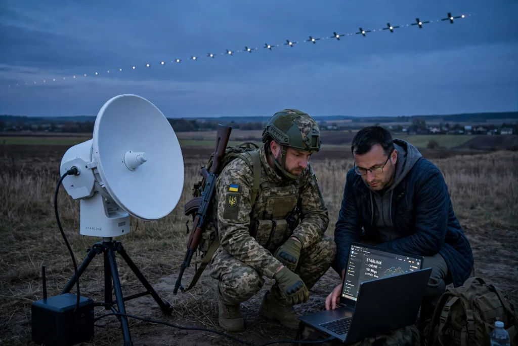 A Starlink terminal in a Ukrainian field at dusk providing satellite internet to a laptop under a line of satellites.